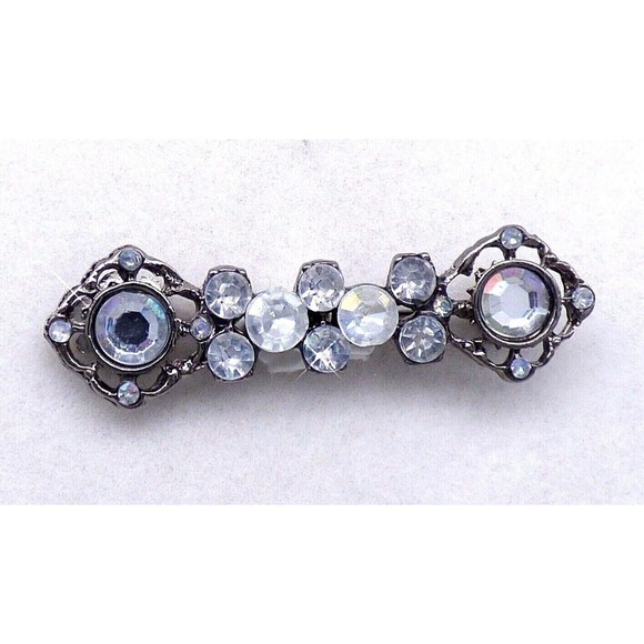 Aurora Borealis Clear Rhinestone Bar Brooch Pin Ornate Gunmetal Tone Vintage - Picture 9 of 12